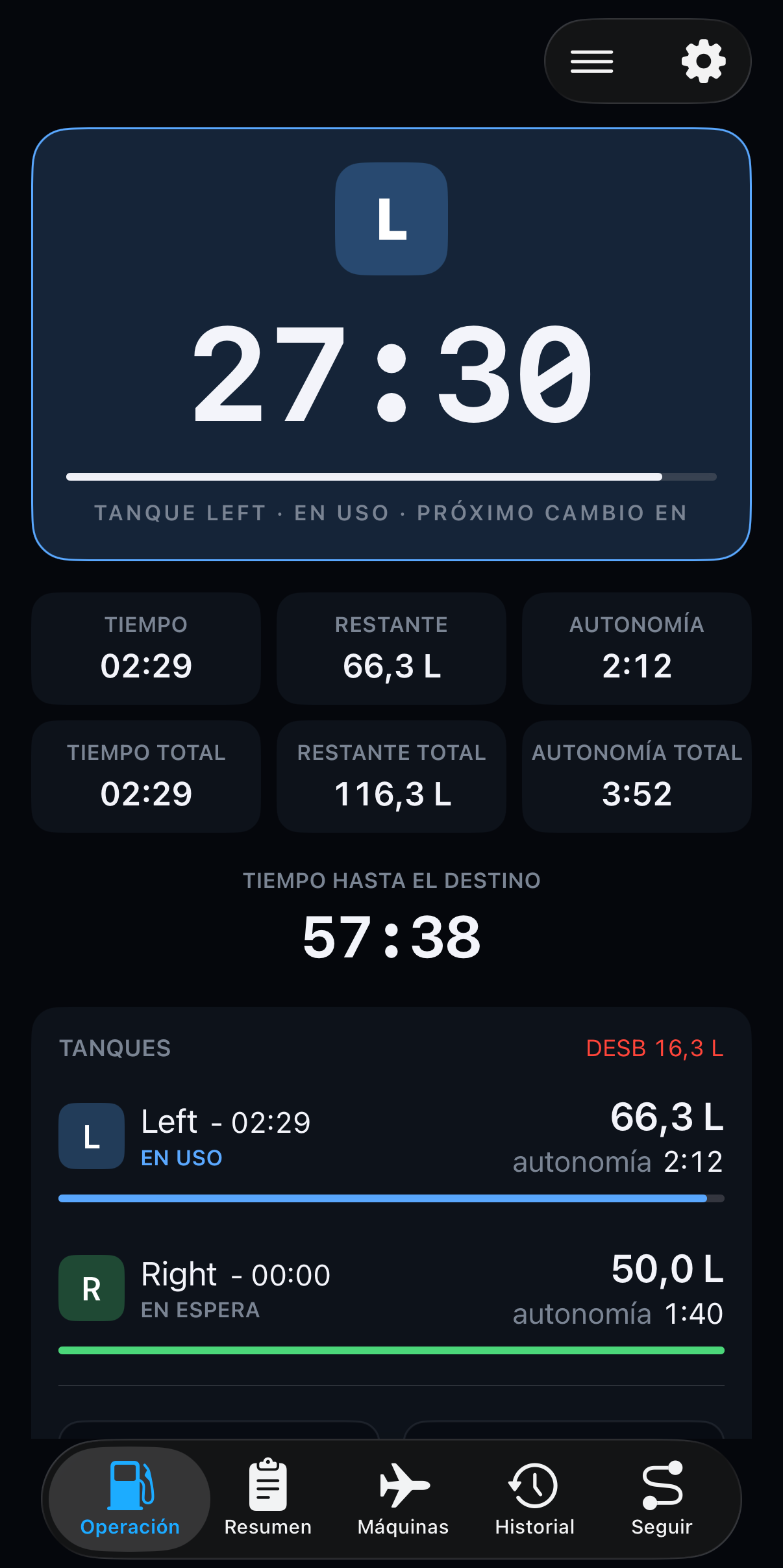 BurnRate Pro operation screen showing the active left tank, countdown, remaining fuel, autonomy and tank list.